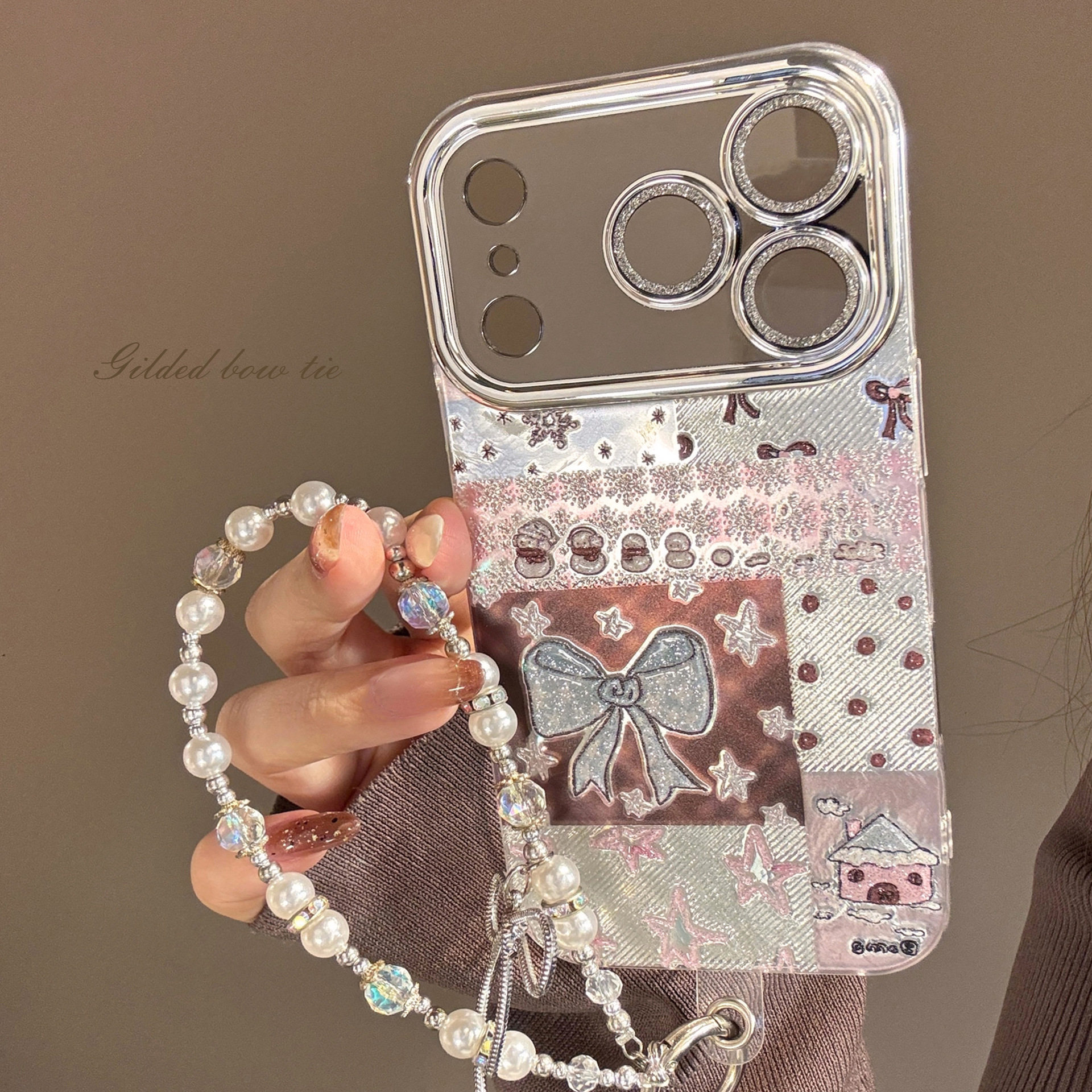 AceCase蓝蝴蝶结拼贴iphone15苹果17适用16promax手机壳14全包13费尔岛电镀12挂链少女ins风11