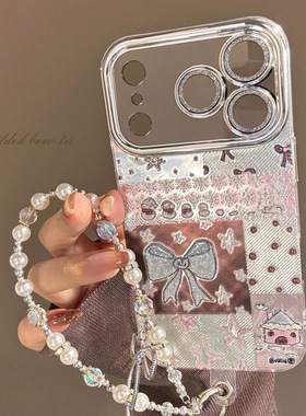 AceCase蓝蝴蝶结拼贴iphone15苹果17适用16promax手机壳14全包13费尔岛电镀12挂链少女ins风11