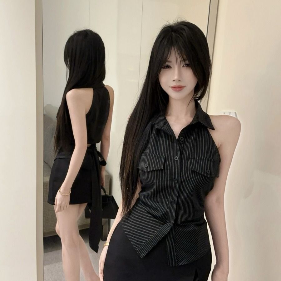韩版纯欲风辣妹修身显瘦条纹无袖Polo领挂脖露背绑带衬衫半身裙女