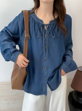 26春装文艺复古系带V领蓝色天丝牛仔衬衫百搭龄长袖上衣