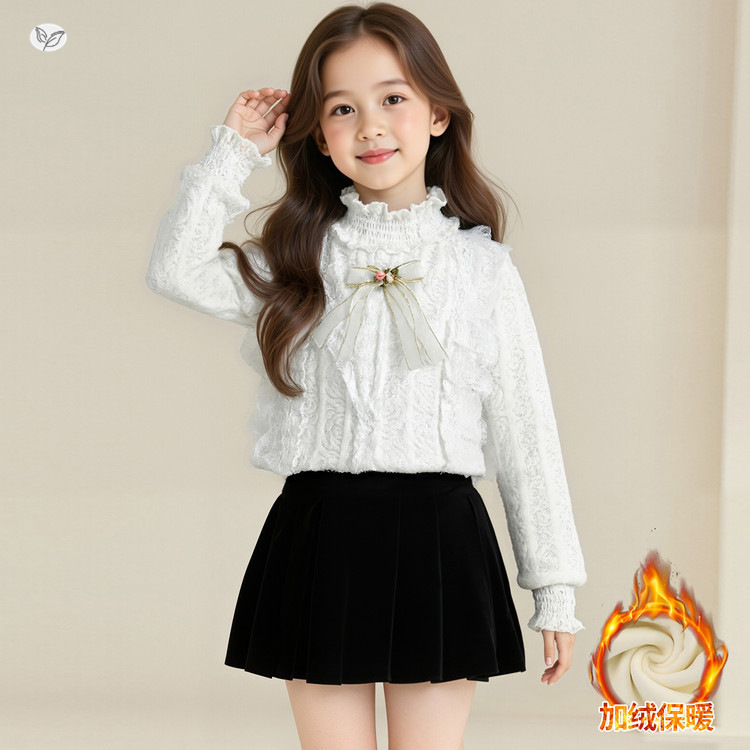 女童打底衫2025年秋冬加绒新款中大童蕾丝花边长袖内搭公主范上衣，童装外套，祺儿童装