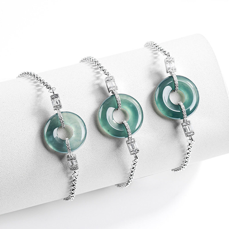 天然A货翡翠蓝水玉环手链冰种玉石平安扣S925银镶女款时尚手饰