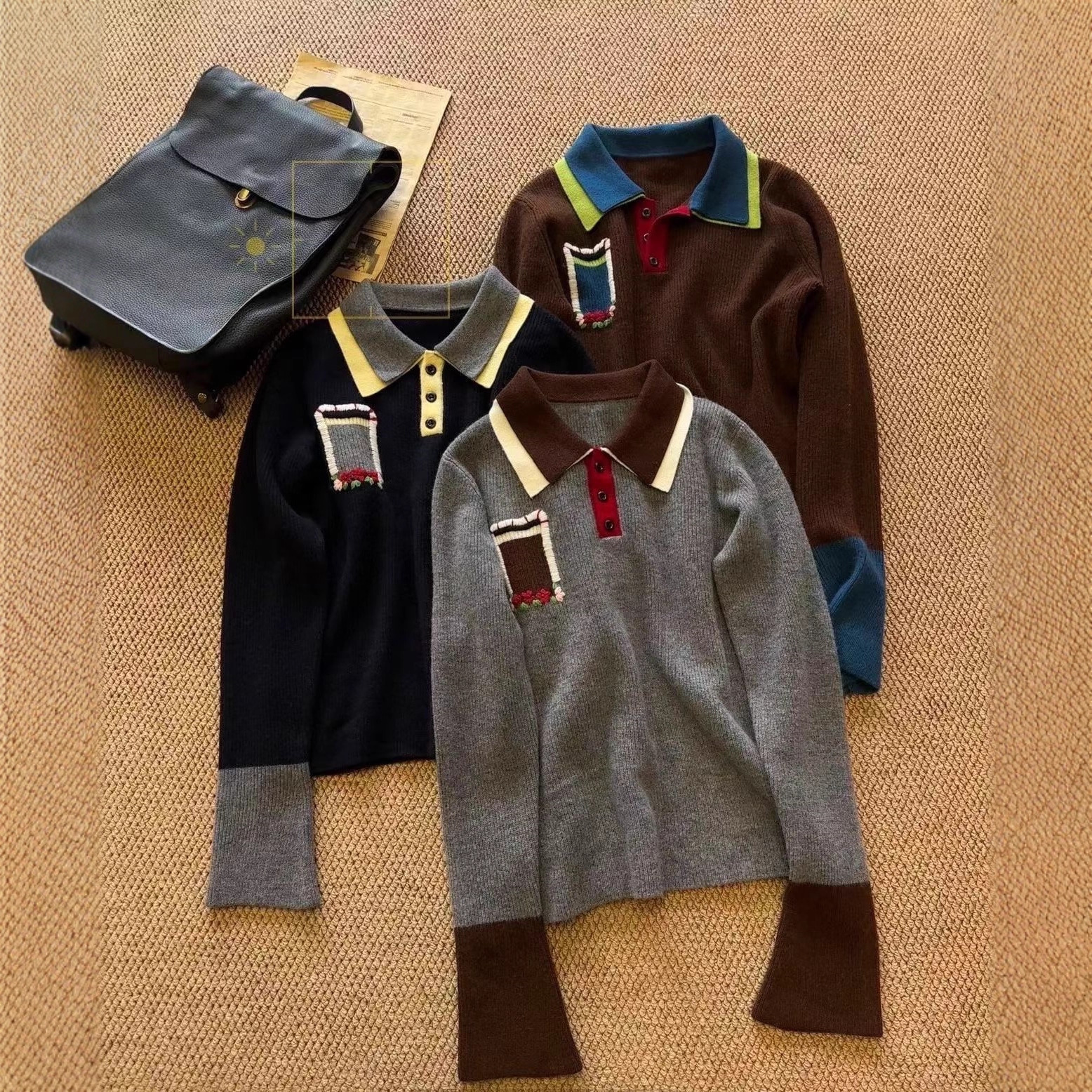 欧货2025秋季新款拼色双层Polo领口袋刺绣针织打底上衣女显瘦修身