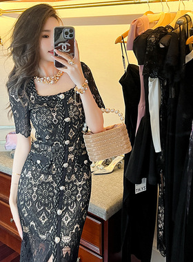 设计感水溶蕾丝法式长裙2025夏季新款名媛气质方领连衣裙女50087