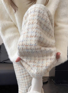 千鸟格阔腿裤女秋冬2025新款高腰慵懒休闲加绒羊毛绒白色格子裤子