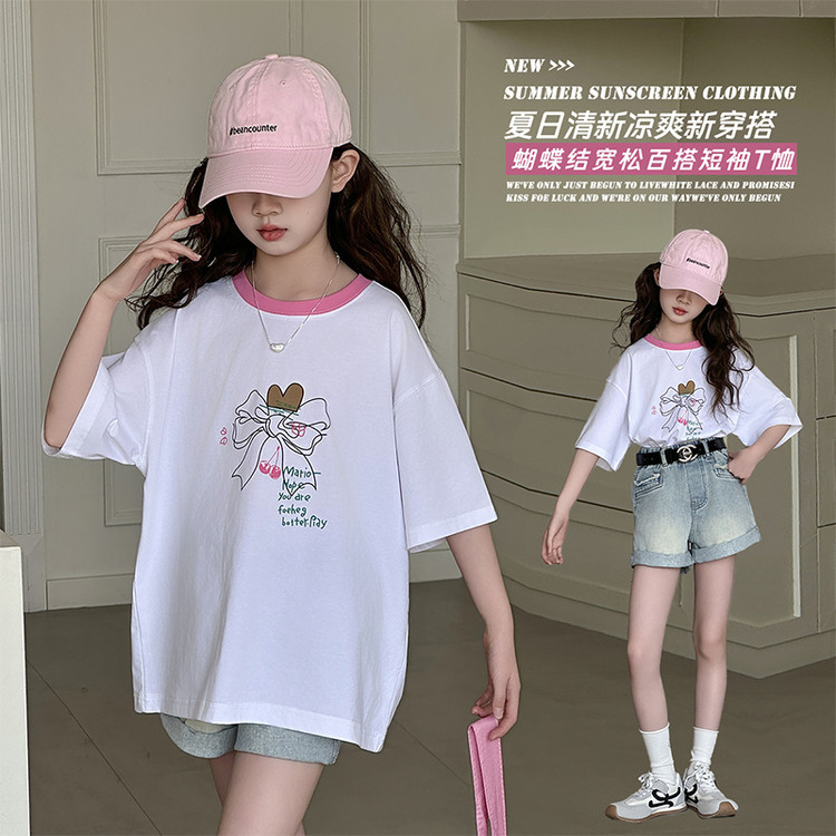 女童短袖T恤2025新款夏季儿童装韩版圆领蝴蝶结印花宽松简约上衣，童装T恤，祺儿童装