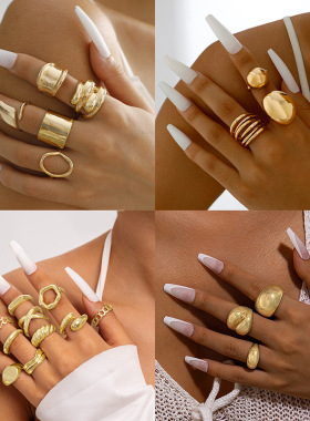 欧美跨境几何金属风熔岩线条戒指四件套不规则光面开口戒指套装