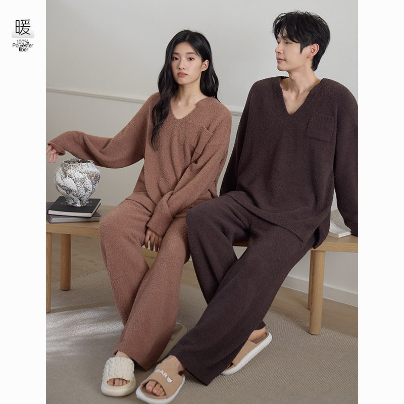 【暖暖绒】新款睡衣情侣半边绒加厚宽松版大码女士家居服套装冬
