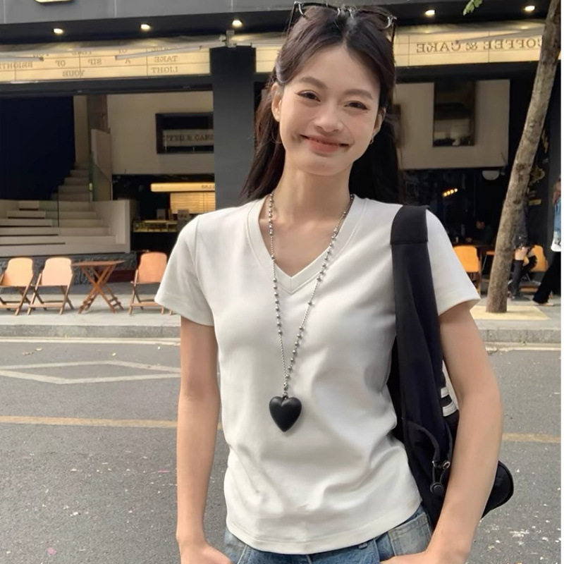 白色正肩V领短袖T恤女夏季韩系微宽松短款体恤上衣黑色