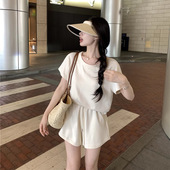 运动两件套新款 休闲套装 阔腿a字短裤 T恤上衣女装 绿色 夏圆领短袖