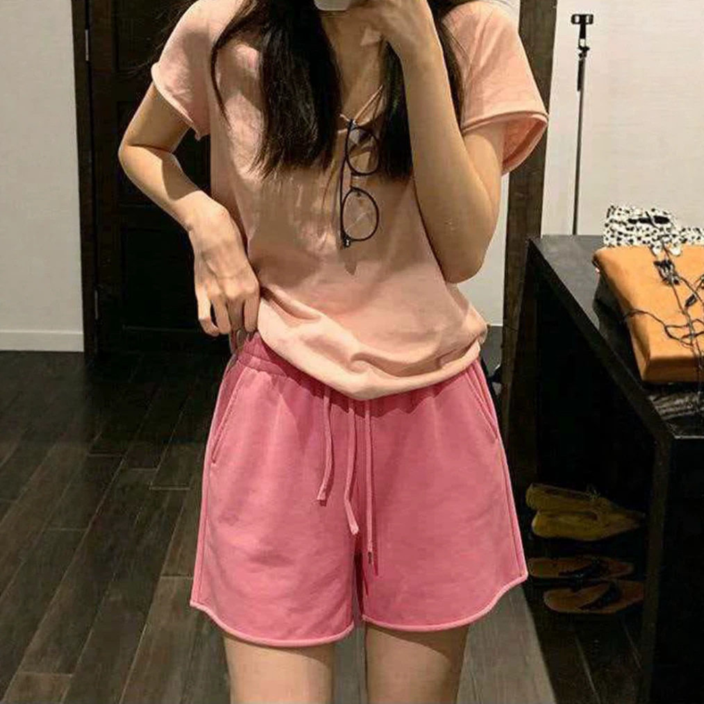 纯棉粉色卷边阔腿短裤女夏新款小个子外穿宽松休闲直筒慵懒三分裤