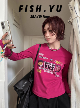 FISHYU 早秋新款美式复古字母印花弹力短款合身正肩小版长袖t恤女
