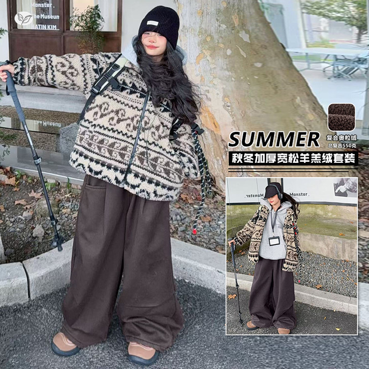 女童2025冬季新款费尔岛棉衣卫衣裤套装女大童复古加绒加厚保暖潮，童装休闲套装，祺儿童装