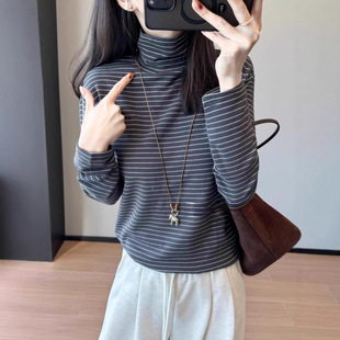 乐活暖皮打底衫 蓄热发热轻暖洋气加厚堆堆领条纹T恤女冬