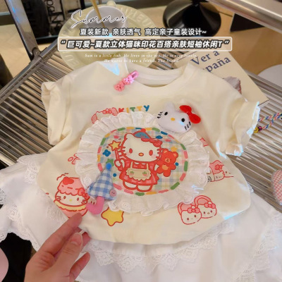 女童纯棉短袖T恤夏季新款甜美可爱猫咪印花上衣花边半袖衣服透气
