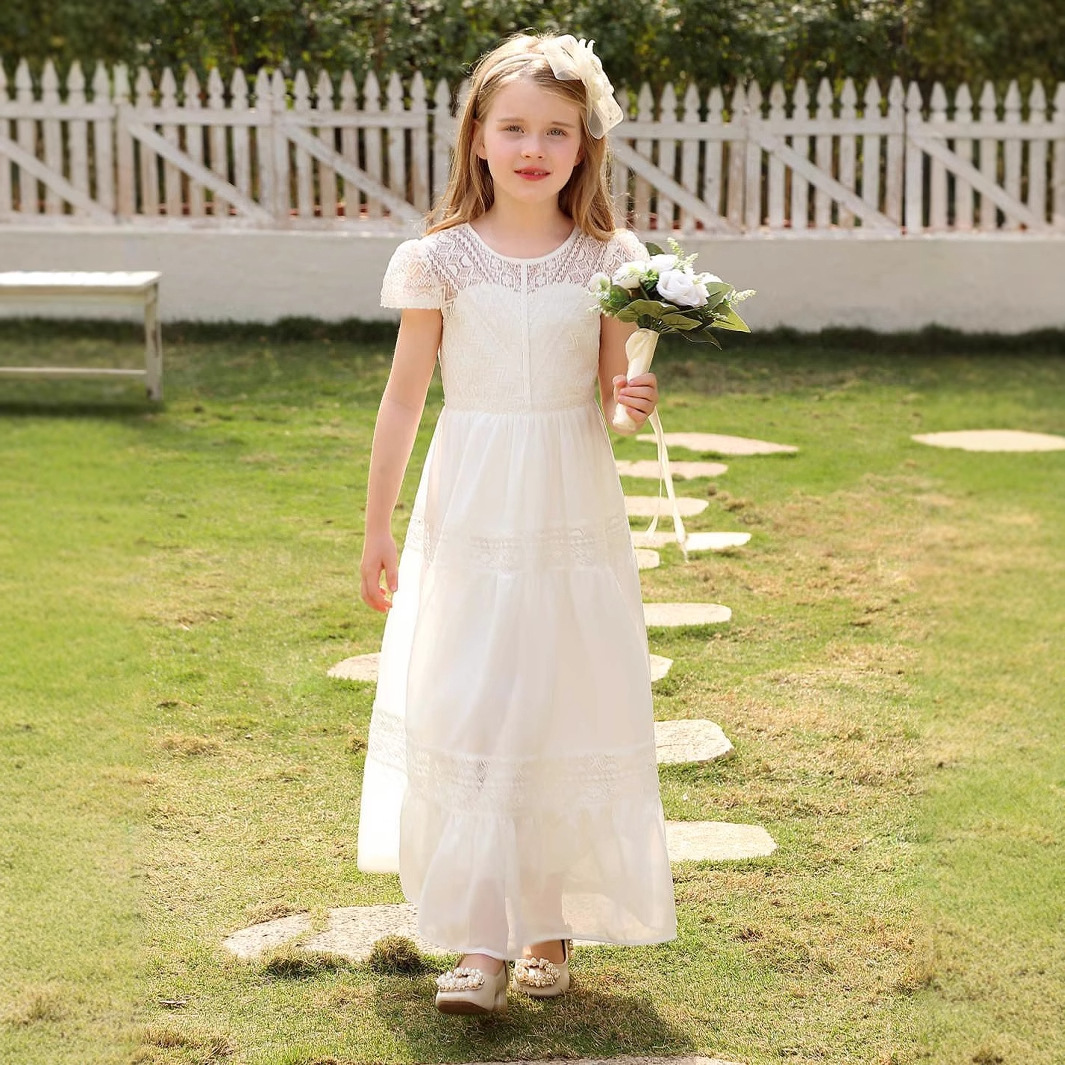 儿童礼服公主裙白色短袖优雅长裙跨境童装女孩演出主持人花童婚纱