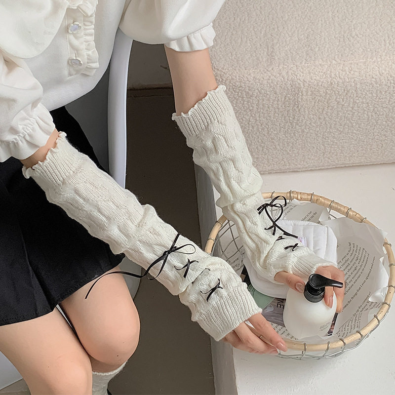 蝴蝶结套袖女日系甜美风秋冬针织毛线长款保暖加厚半指手套洛丽塔