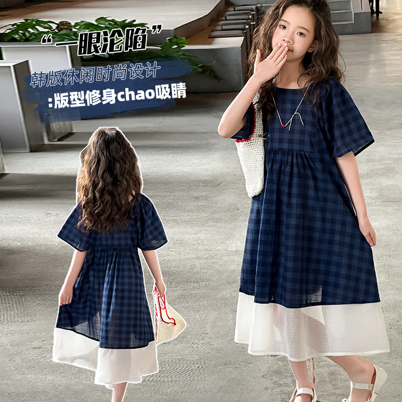 女童连衣裙夏季2025新款湖州织里童装蓝格子拼接裙子棉布公主裙潮，商品下架区商品下架区，祺儿童装