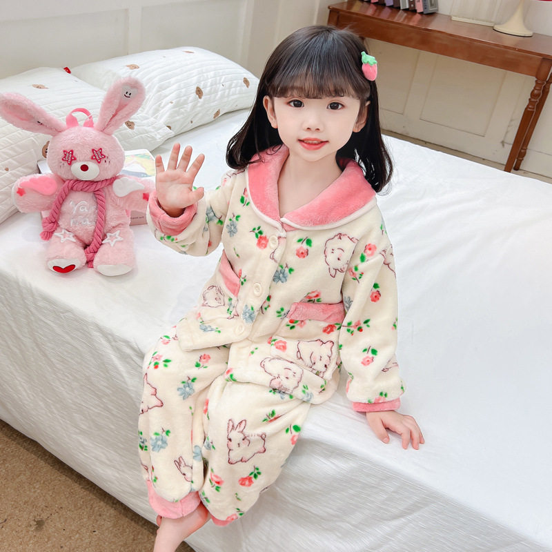 女小童睡衣秋冬款2025新款法兰绒洋气女冬季儿童家居服套装潮P59,童装家居服（睡衣）,祺妙童装