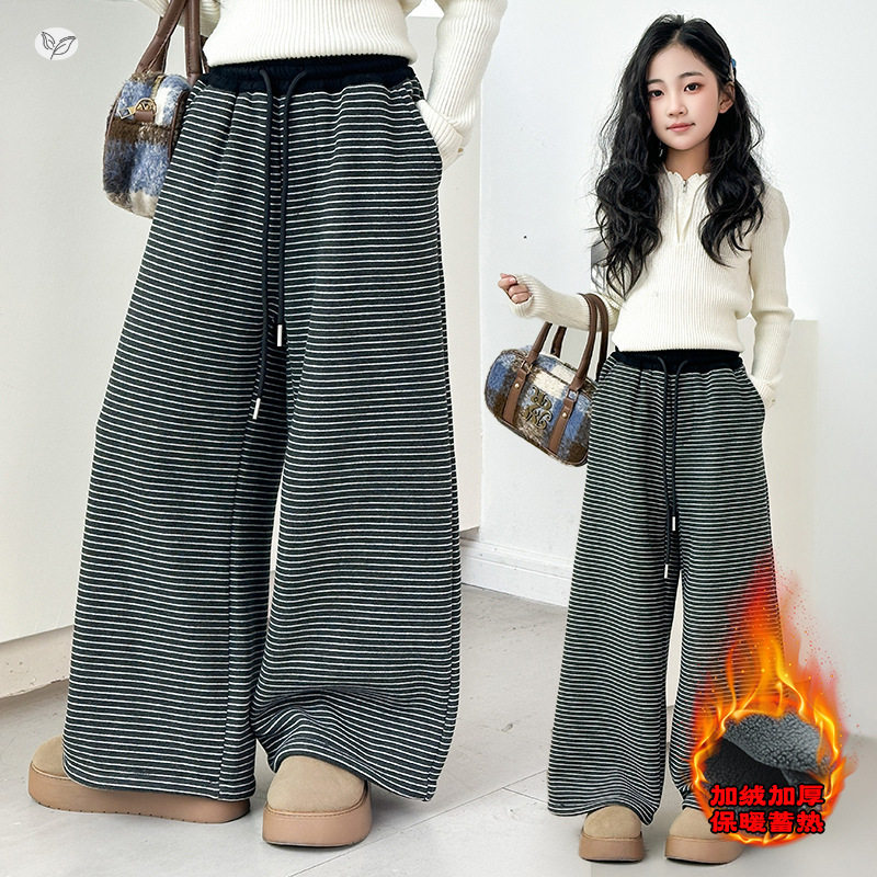 女童2025年冬季新款条纹加绒裤女孩软糯慵懒风保暖阔腿裤垂条长裤，童装裤子，祺儿童装