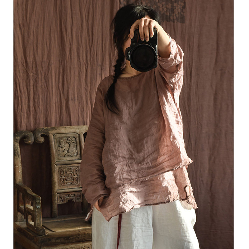 长袖苎麻套头文艺宽松套头