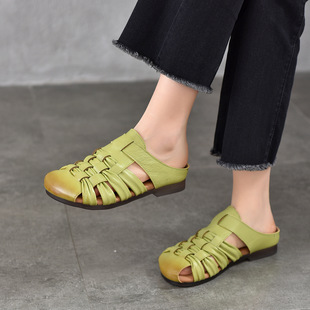 头层牛皮编织包头拖鞋女士平底不累脚复古休闲半拖鞋真皮女鞋夏款