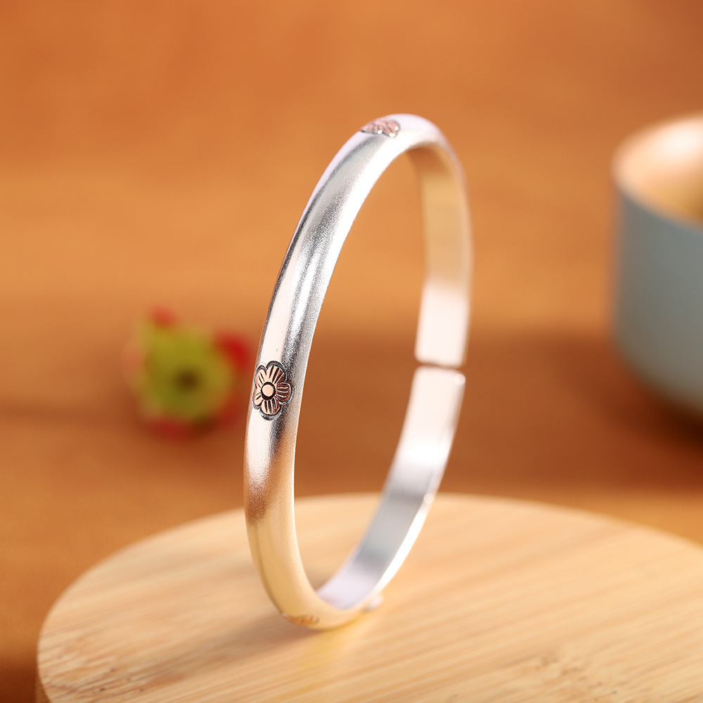 牡丹缘足银999复古傲雪寒梅纯银手镯时尚女士简约个性开口镯子