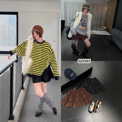 FISHYU短裙冬季新款韩货复古拼接镂空花边松紧腰皮裙安全裤半身裙