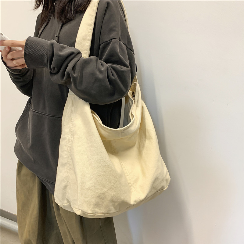 斜挎包女大学生上课包包女两用ins风日系大容量纯色帆布包肩包