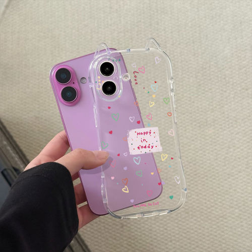 Cat ears Simple colored heart love soft clear case适用iphone 11 12 13 14 15 16 plus 17 pro max