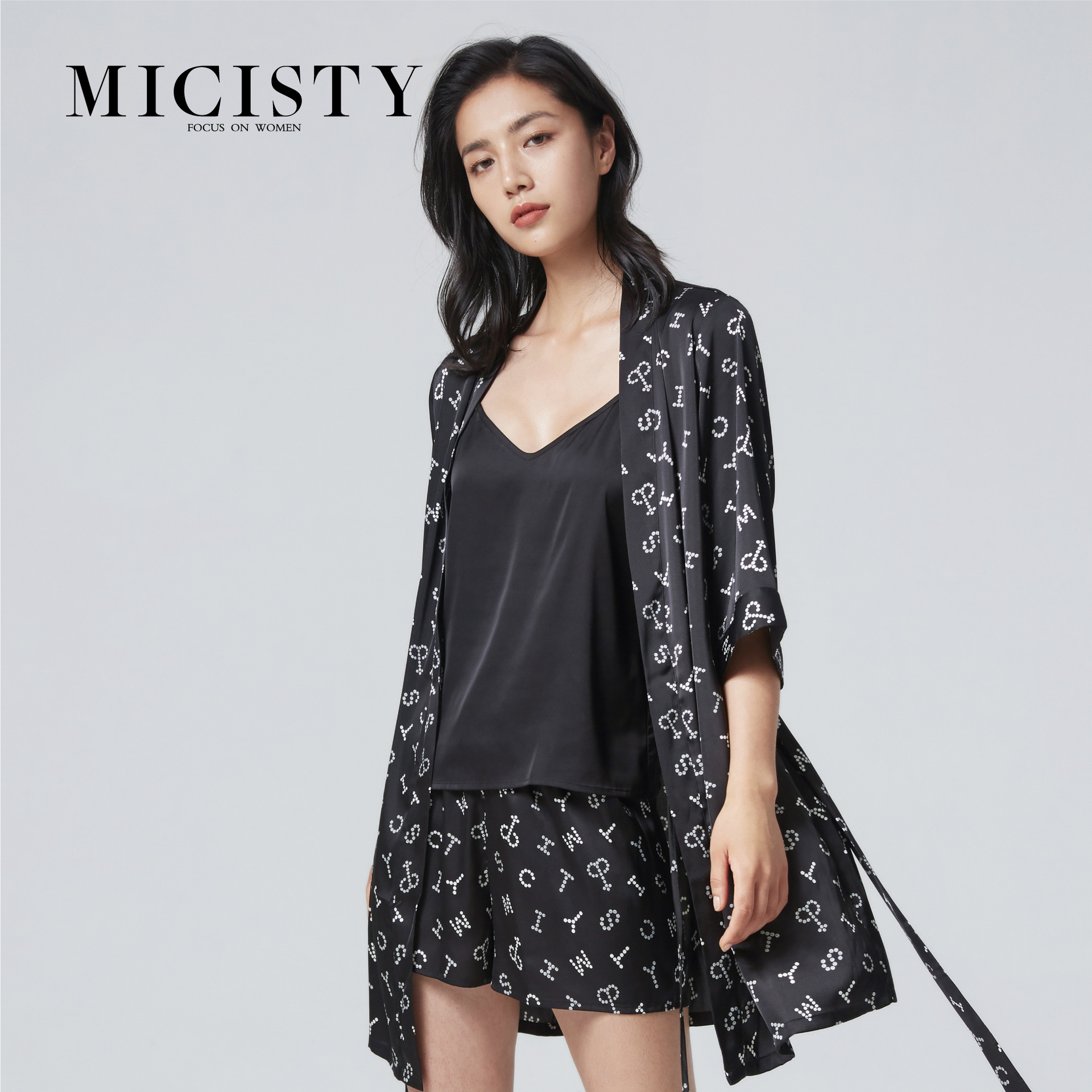 micisty密汐皙迪星密睡衣三件套吊带家居睡袍性感女冰丝绸缎套装