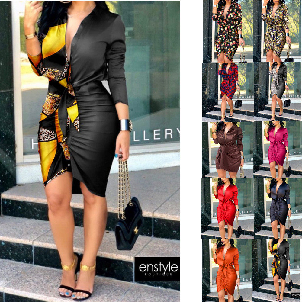 夏季V领系带纯色长袖衬衣连衣裙女 women's sexy short dresses