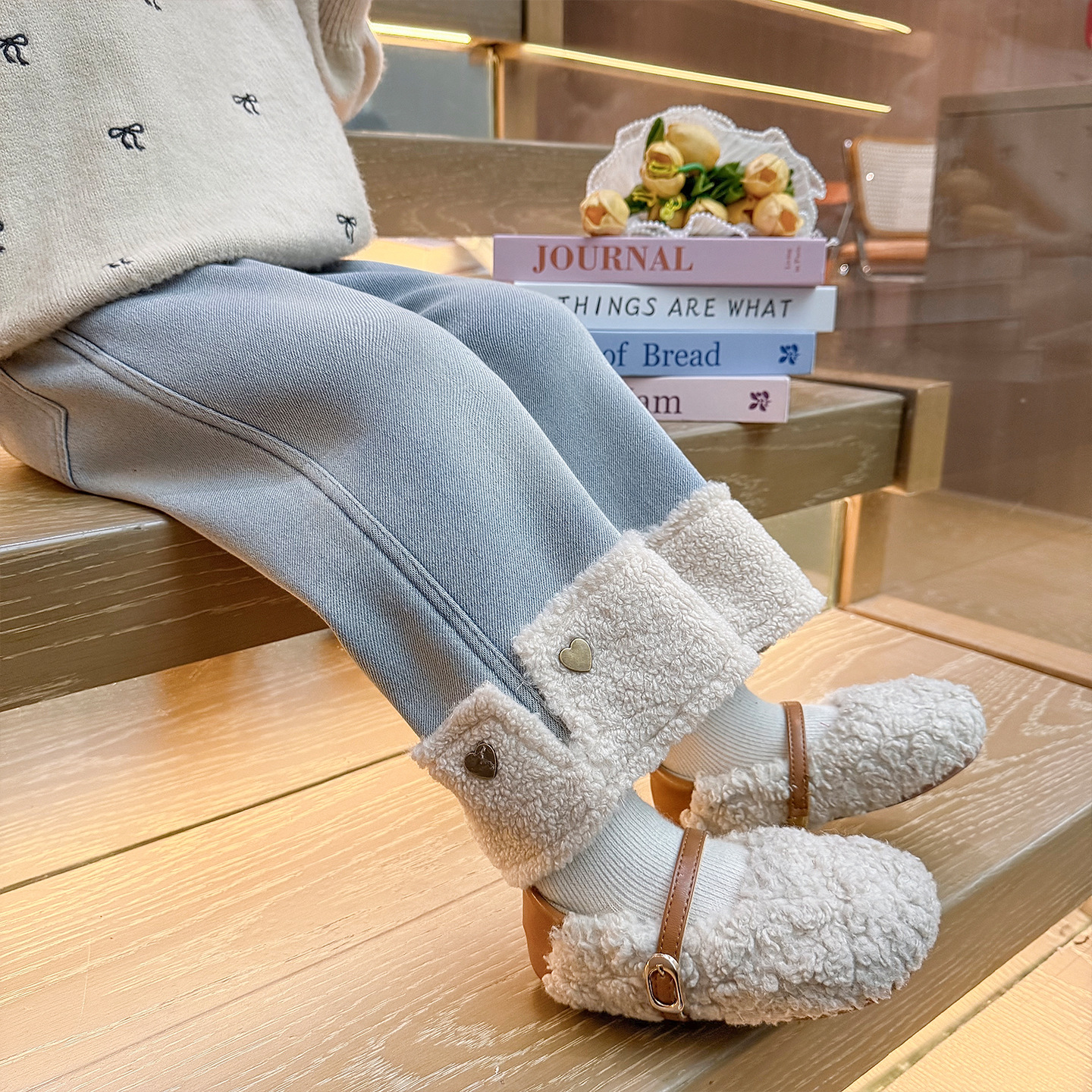 女童加绒牛仔裤一体绒儿童加厚休闲直筒裤小女孩冬季保暖长裤P69，童装裤子，祺妙童装