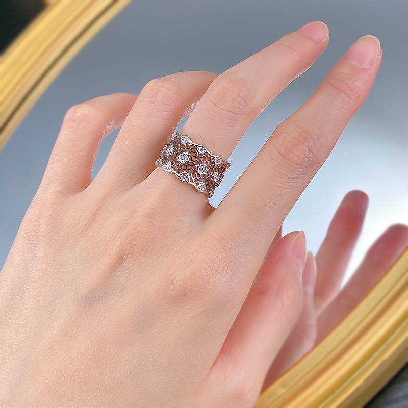 牡丹缘新款黑蕾丝戒指925银镂空戒女款欧美风时尚宽版指环礼物