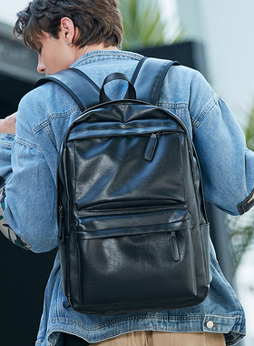 囯潮品牌黑色皮质防水双肩包简约时尚通勤电脑背包潮男大学生书包