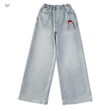 女童2025年冬季新款戴红帽小猫刺绣牛仔裤女大童小俏皮卡通阔腿裤，童装裤子，祺儿童装