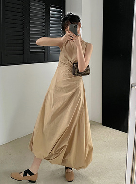 UNITY MODE小众设计无袖连衣裙夏季咖色法式气质收腰不规则长裙女