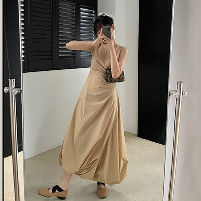 UNITY MODE小众设计无袖连衣裙夏季咖色法式气质收腰不规则长裙女