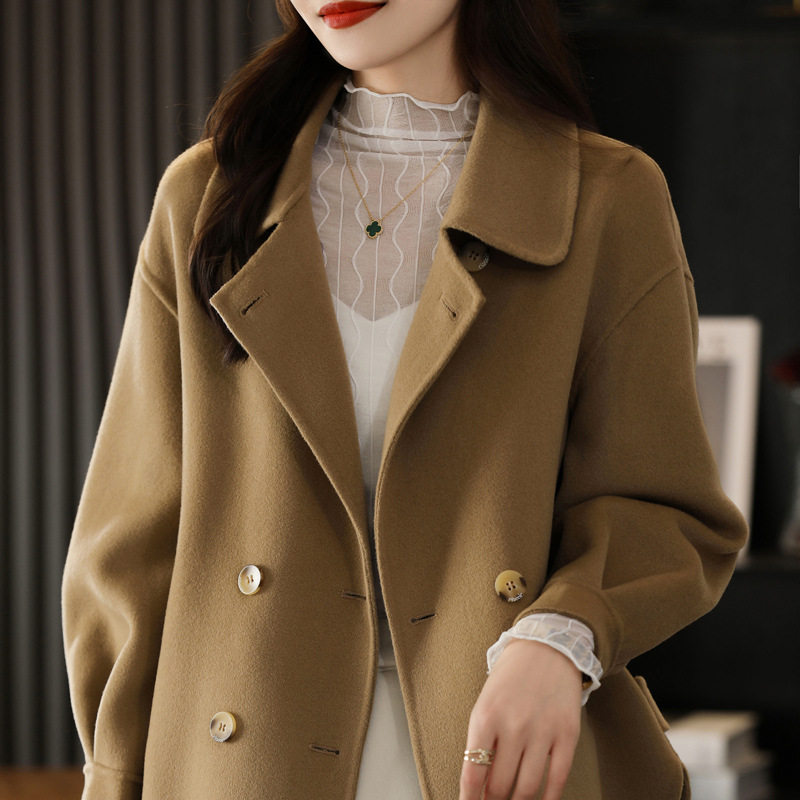 双排扣女士纯羊毛双面尼大衣翻领系扣落肩袖宽松韩版大码短款外套