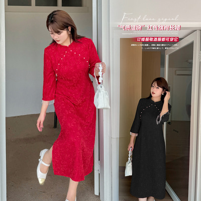 大码女装新中式国风红色旗袍连衣裙2025秋订婚敬酒服323086