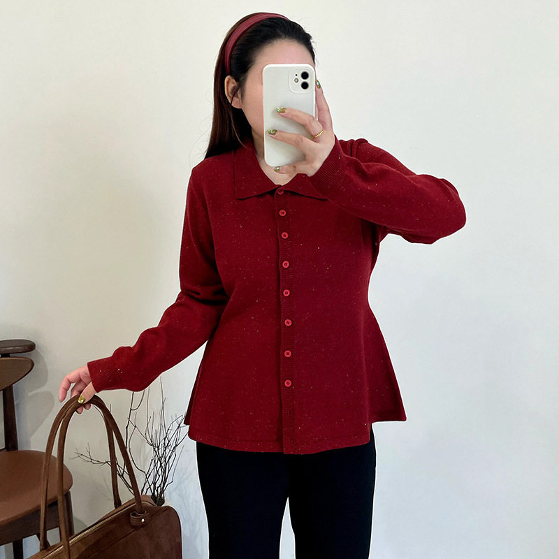 大码女装韩版银丝线polo领上衣女收腰针织衫2025冬胖mm气质毛衣潮