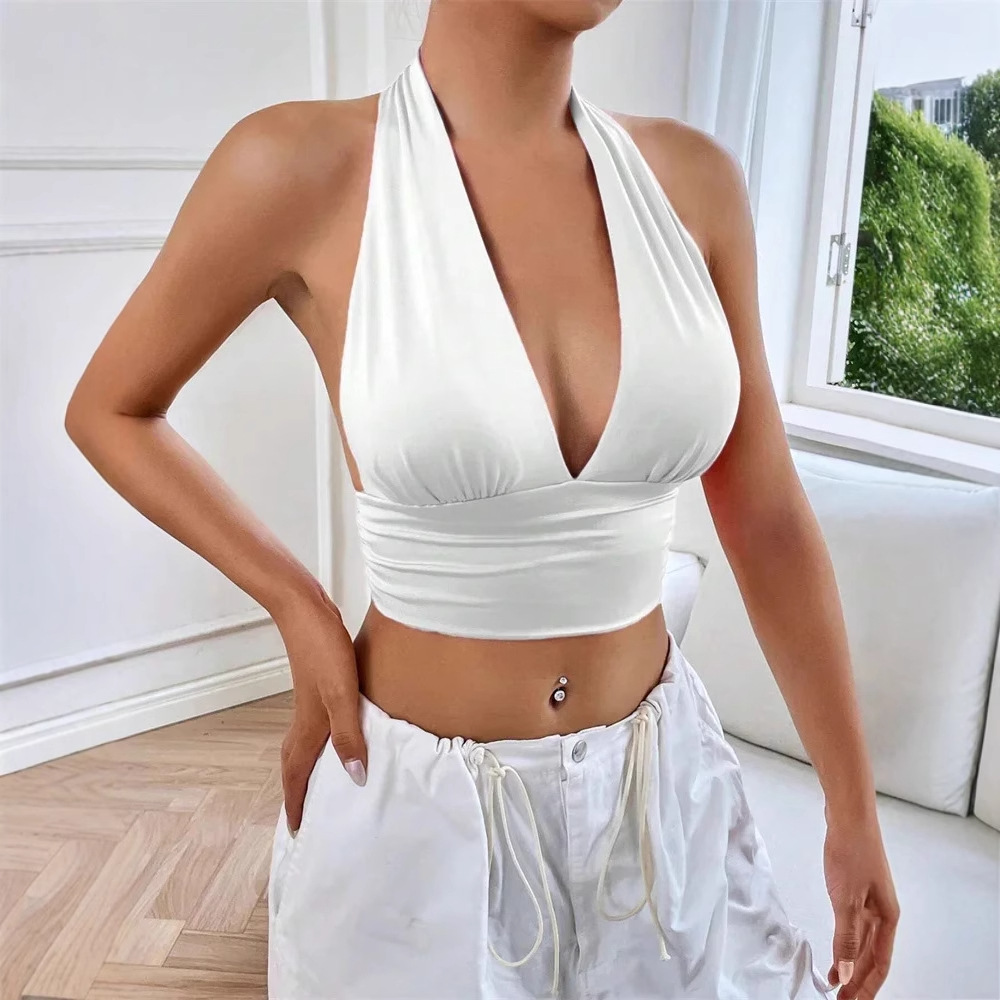 Sexy solid color crop top with exposed navel性感纯色露脐上衣