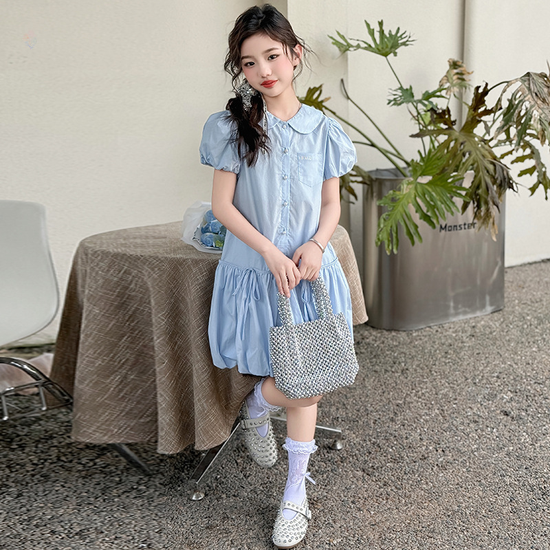 女童2025年夏季新款娃娃领蓬蓬裙中大童简约风polo裙泡泡袖公主裙，商品下架区商品下架区，祺儿童装