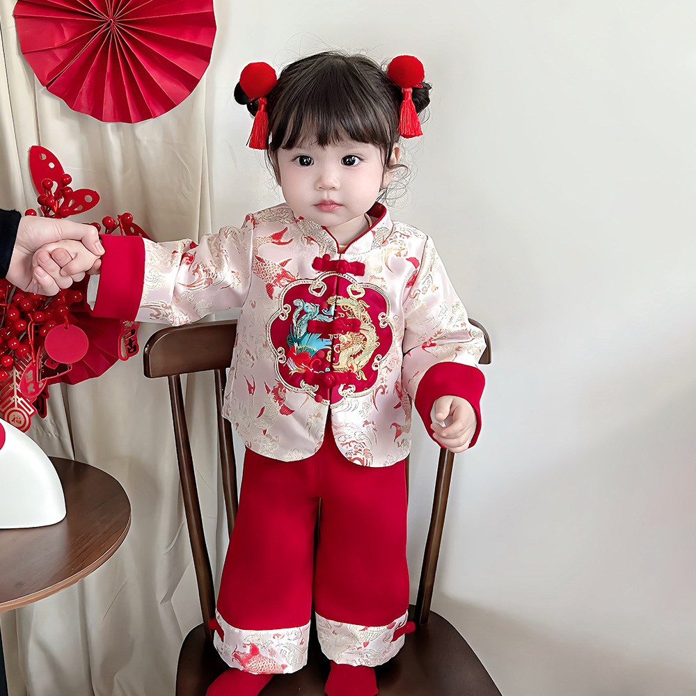 宝宝抓周两件套红色中式春秋套装