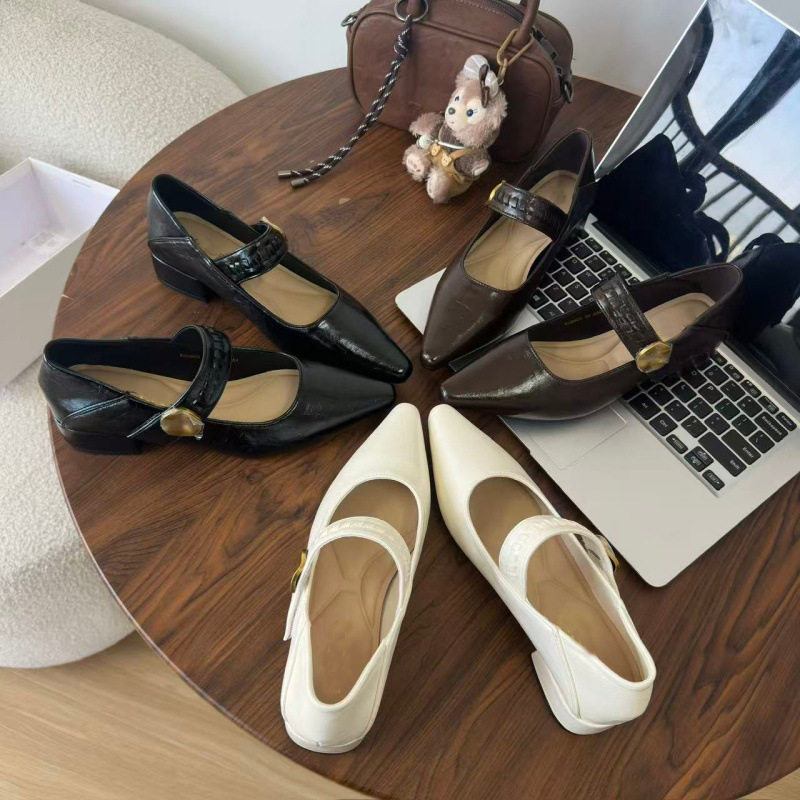 法式尖头粗跟羊皮玛丽珍鞋女2026春季新款气质软底魔术贴浅口鞋,女鞋,浅口单鞋,淘宝优惠券,粉丝福利购,淘宝优惠卷