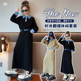 女童秋季套装2025新款牛仔拼接半身裙polo领卫衣两件套中大童时尚，童装休闲套装，祺儿童装
