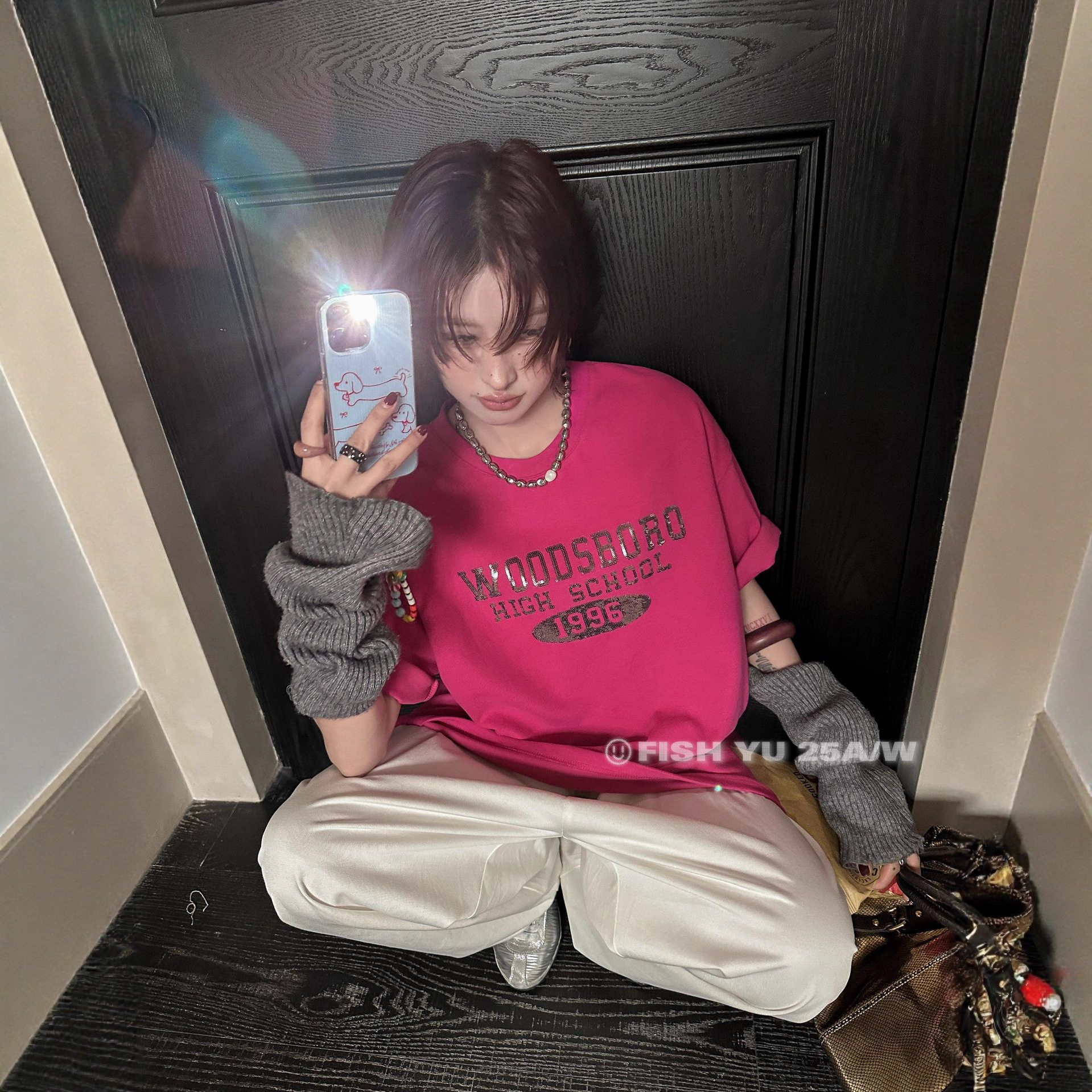 FISHYU 早秋新款美式复古亮面钉珠片绣花潮牌磨毛圆领宽松短袖t恤