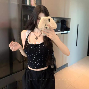 设计感美背抹胸上衣 甜辣妹蕾丝花边波点吊带小背心带胸垫内搭短款