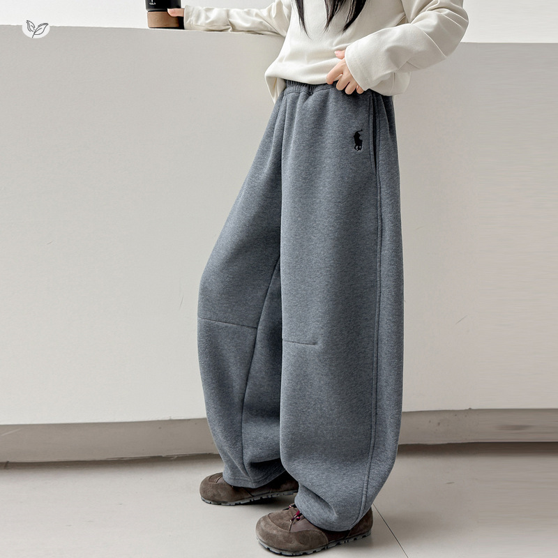 女童2025冬季新款刺绣加绒加厚卫裤女大童户外保暖百搭休闲阔腿裤，童装裤子，祺儿童装