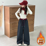 女童加绒碎花阔腿裤2025年秋冬新款中大儿童休闲直筒长裤宽松卫裤，童装裤子，祺儿童装